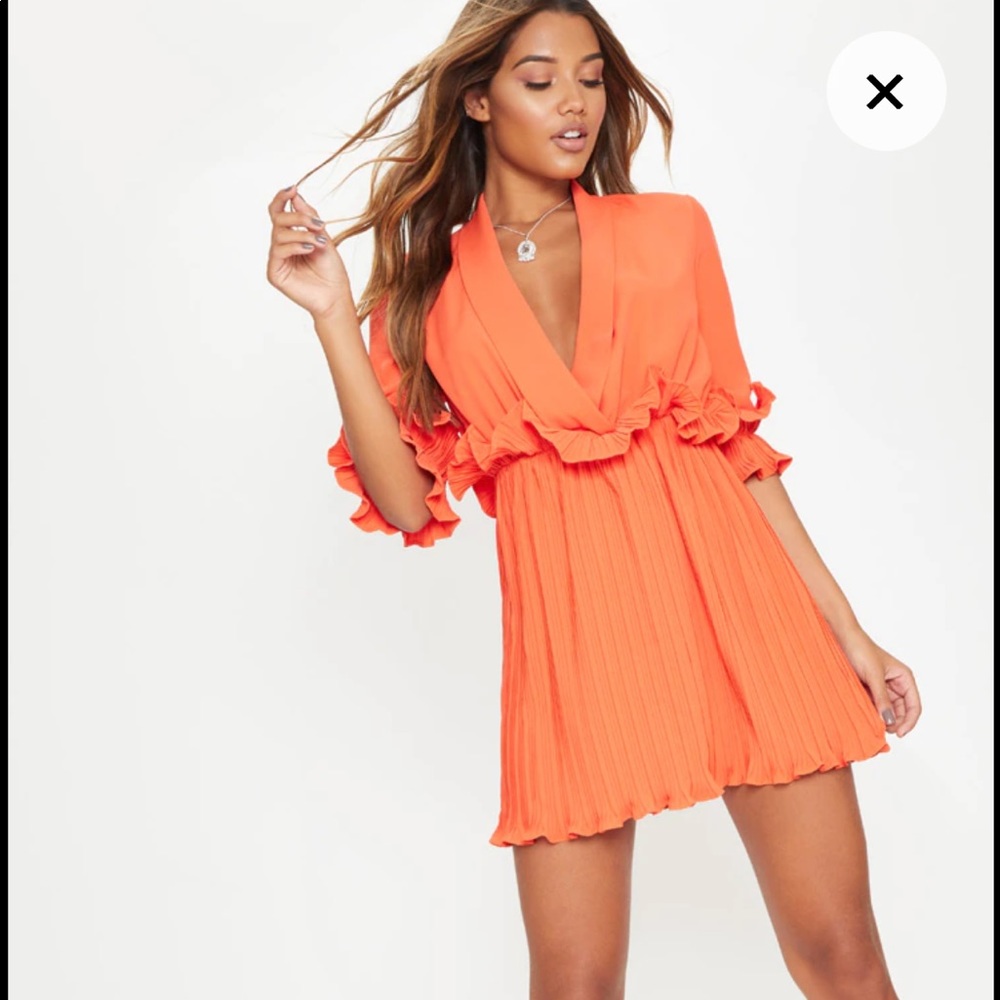 Bright Orange Frill Detail Pleated Skater Dress